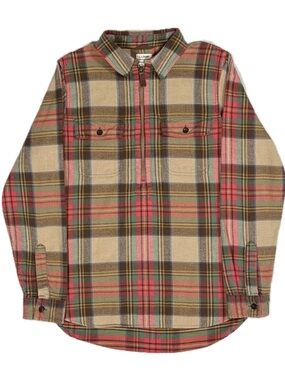 LL Bean 100% cotton brown red plaid relaxed fit zip flannel shirt women’s small